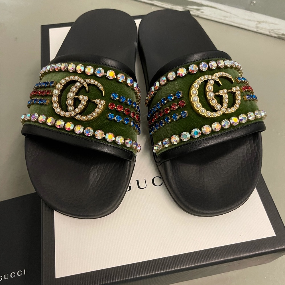 Gucci Velvet Slide Sandal with Crystals